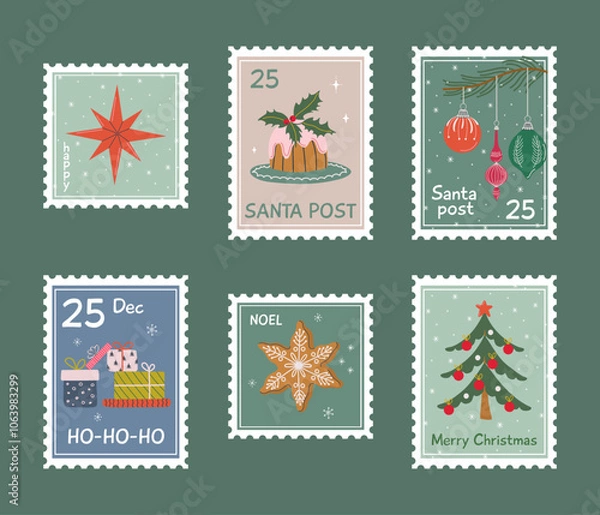 Obraz Set of cute Christmas postage stamps. Vintage xmas posters. Winter holidays prints for greeting card and textile. Hand drawn flat design vector illustration.
