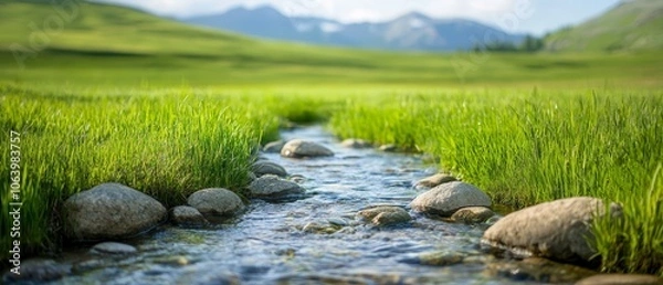 Obraz  A winding stream meanders through a verdant field, dotted with stones