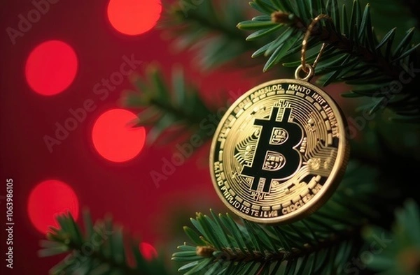 Obraz Bitcoin coin on a fir tree branch against a red bokeh background. Space for text, its own space.