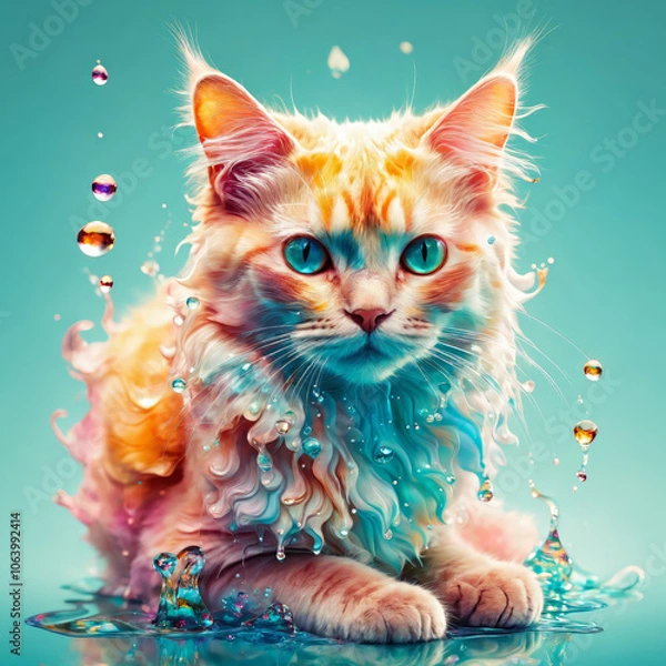 Fototapeta A colourful cute cat covered in colourful paint splash fluid, vibrant paint particles, water drops, alcohol ink smoke, happy pet concept, pet food advertisement