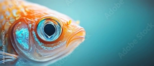 Fototapeta A close up of a goldfish with a blue background