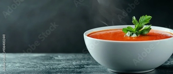 Obraz A bowl of tomato soup with a sprig of parsley on top