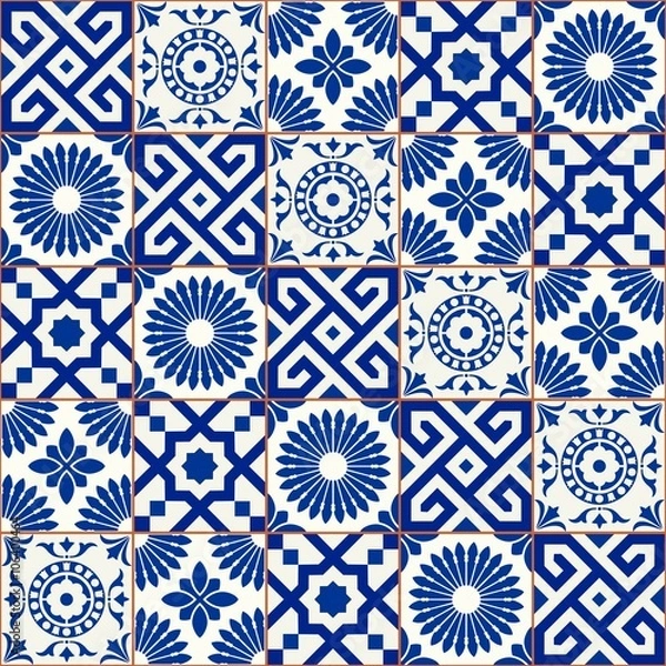 Fototapeta Stylish seamless pattern patchwork mix of five Moroccan tiles in trendy shades of blue.