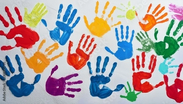 Fototapeta A bunch of colorful handprints on the white wall