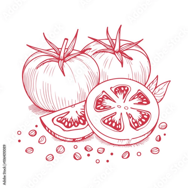 Fototapeta Sketch of a whole tomato and a slice