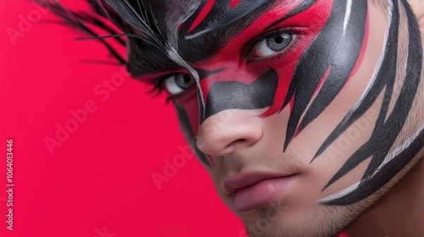 Fototapeta Vibrant abstract face paint: close-up of creative makeup art on man against bold red background
