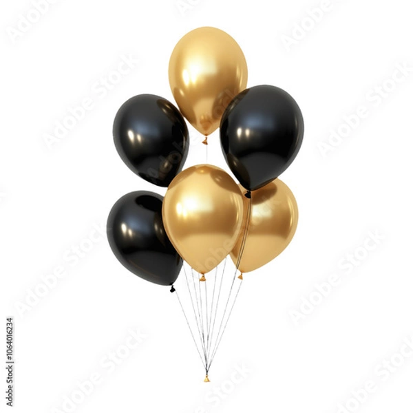Fototapeta Bouquet of colorful balloons in gold, black, yellow, and multi-colored shades. Six balloons in circular formation suspended in air against isolated transparent background. Alpha mask.