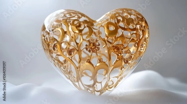 Fototapeta A beautiful gold heart, set against a soft white background, with intricate details reflecting light gracefully