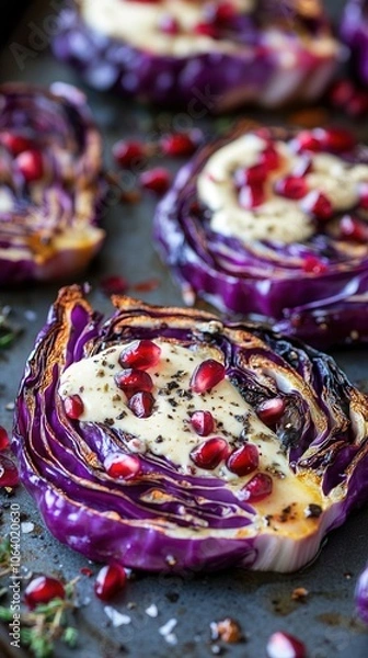 Fototapeta Close-up of roasted cabbage slices topped with pomegranate seeds and cashew cream on a gray baking sheet