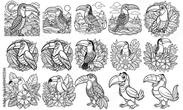 Fototapeta Intricate Toucan Coloring Page for Adults, Designed for Relaxation and Stress Relief, Perfect for Art Therapy Activities or Adult Coloring Books, High-Quality, Unique Line Art for Enjoyment.