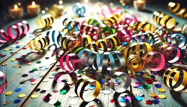 Fototapeta Colorful streamers and confetti on a wooden table after a party, with lit candles in the background, creating a festive and joyful atmosphere. New Year's celebration, Christmas, Carnival, Birthday