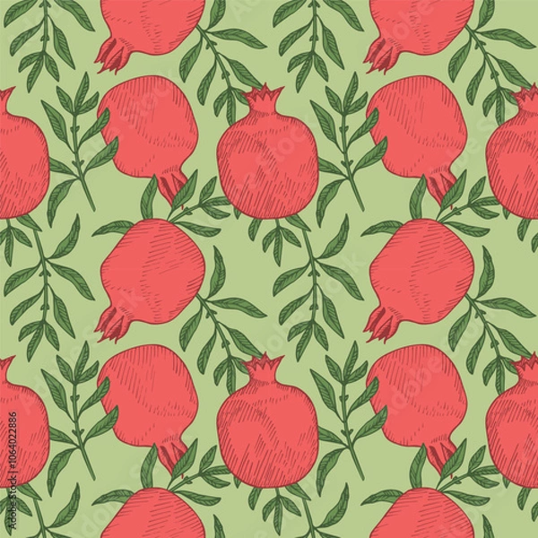Fototapeta Vector seamless pattern with Pomegranates. Hand drawn repeating background with engraved coloured fruits, branches, leaves of Garnet plants. Food, ingredient, medical. For sign, label, textile, card