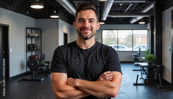 Fototapeta Confident man smiling with crossed arms in a modern gym, fitness enthusiast portrait, motivation concept, copy space