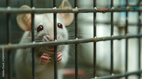 Fototapeta White Mouse in Laboratory Cage Setting