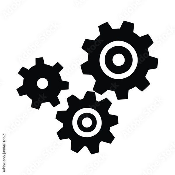 Obraz Three black gears icon symbolizing mechanics, Solid black icon of three interlocking gears, representing mechanics, settings, teamwork, and industrial processes in a bold design.
