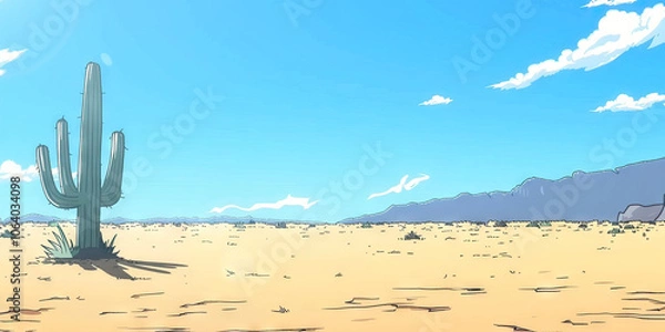 Fototapeta Minimalist Desert Scene: A photo of a barren desert landscape with a single, tall cactus standing alone.