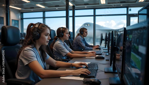 Obraz Students actively participate in hands-on training with flight simulators at cutting-edge facility, enhancing their aviation skills in dynamic, collaborative environment full of enthusiasm & learning