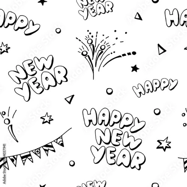 Fototapeta Seamless pattern New Year doodle drawing, for design, background, wrapping paper. Vector illustration.