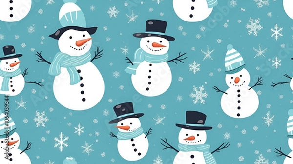 Fototapeta Christmas continuous pattern of funny snowmen and snowflakes. Christmas background for packaging and wallpaper.
