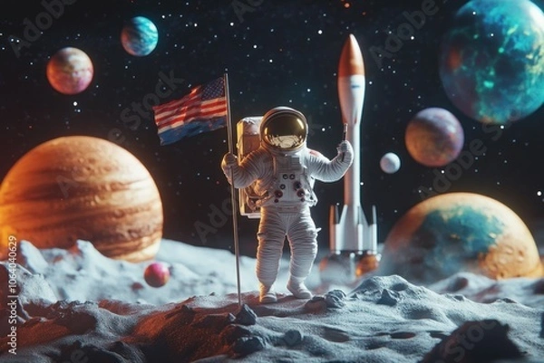 Obraz Astronaut on Moon with Planets and Rocket Background