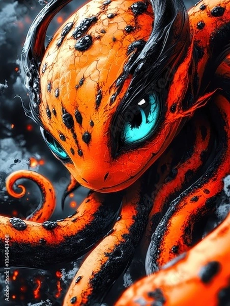 Obraz Orange and black fantasy octopus emerging from dark smoke