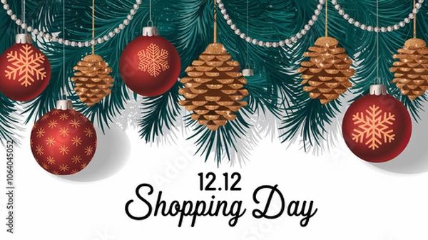 Fototapeta Red ornaments and pine cones hanging from a festive green garland.