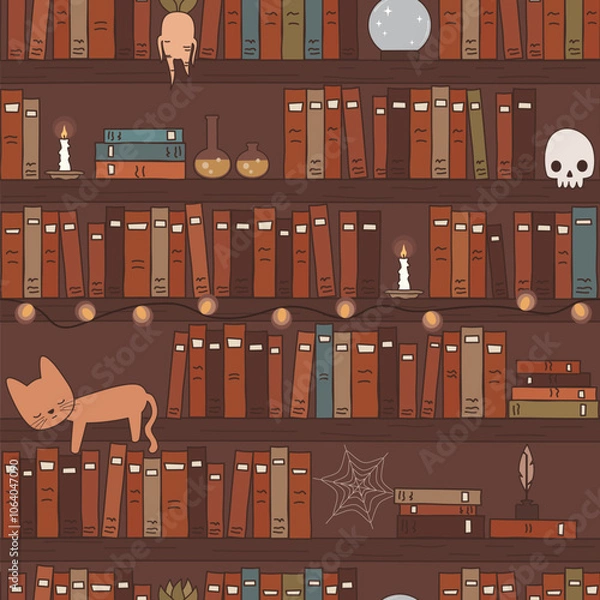Fototapeta Cute hand drawn seamless vector pattern background illustration with vintage cartoon cosy bookshelves with books, cat, candles, skull, potion, crystal ball and mandrake plant