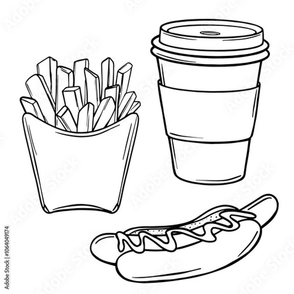 Obraz Set Vector illustration of Paper Coffee Cup, French fries and Hot dog sketch. Hand drawn Street Fast Food outline. Menu design template in Black and White style. Decoration for menus, showcases