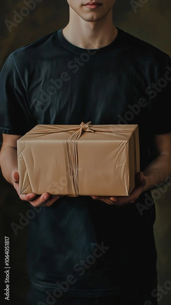 Obraz Man Holding a Brown Wrapped Gift Box