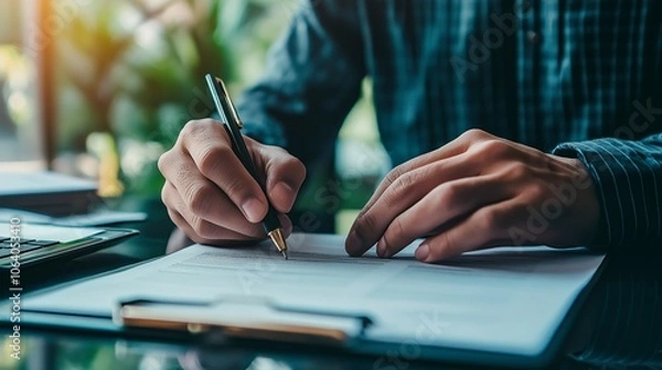 Fototapeta Double exposure of businessman's hands typing on computer