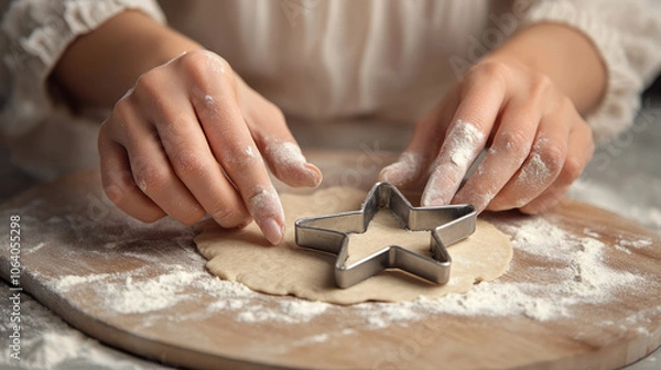 Fototapeta Close-up of woman's hands pressing star-shaped cookie cutter into dough on flour-dusted wooden board. Home baking preparation for holiday cookies or festive treats. Ideal for header, poster, banner. 
