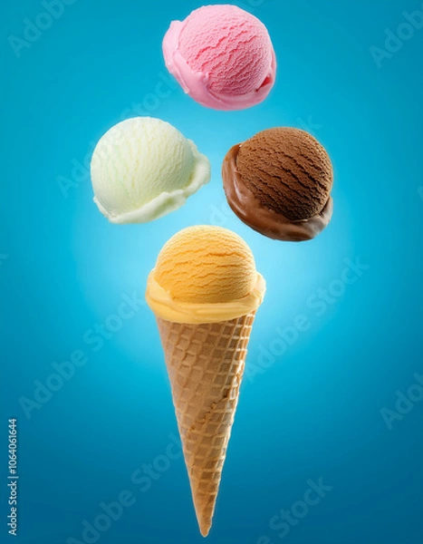 Fototapeta Ice cream cone with 3 types of original ice cream flavors floating or flying isolated on clean light blue background