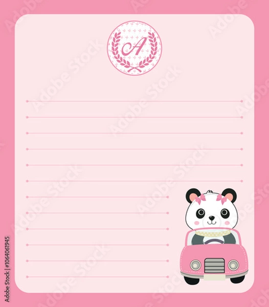Fototapeta Cartoon, vector, cute character, panda bear in cart, background for party decoration, notebook, stationery