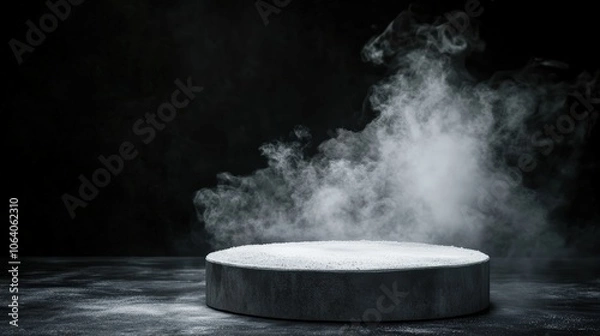 Fototapeta Empty round white podium in dark studio with grunge concrete floor smoke and spotlight