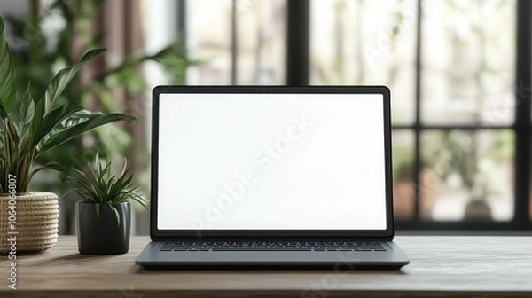Fototapeta Laptop screen isolated on desk in professional workspace.
