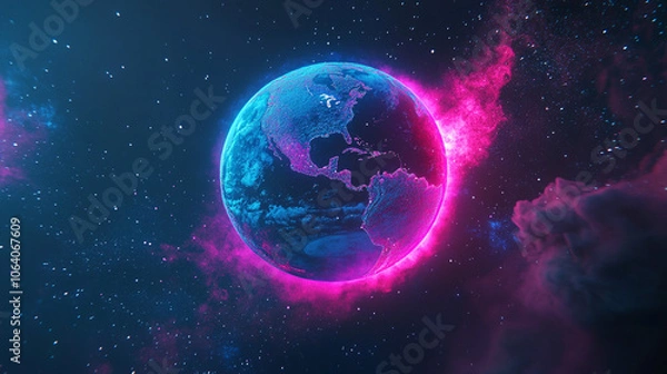 Fototapeta Futuristic Earth Globe with Pink Nebula in Space