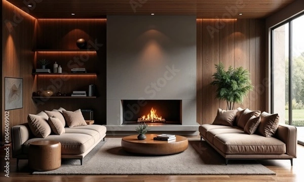 Fototapeta In the center of the living room, there is a cozy fireplace that creates a warm and inviting atmosphere for everyone present