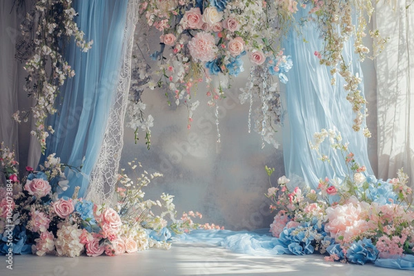 Fototapeta Enchanted Garden Photography Backdrop: Whimsical Garden Setting with Blue and Pink Florals, Lace, and Flowing Curtains for  Photoshoots
