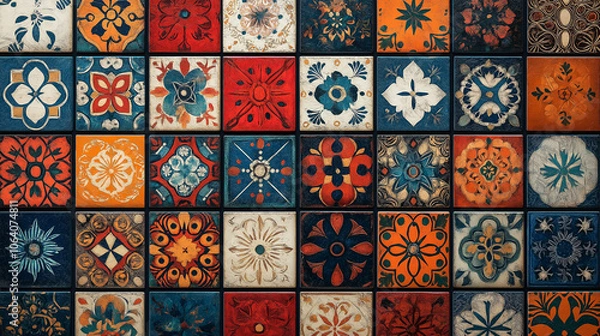 Fototapeta Vibrant Indian-Inspired Geometric Pattern: A Colorful Array Of Squares, Triangles, Circles, Flowers, Leaves, And Vines In Traditional Hues Of Red, Orange, Blue, Green, Purple, Gold, And Bronze, Featur