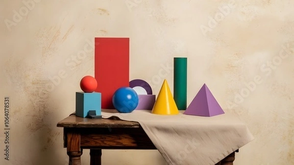Fototapeta Vintage scene with geometric objects casting shadows on a wooden table