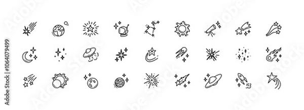 Fototapeta Cute line doodle space icons set. Hand drawn linear simple cosmic design elements. Rocket, sun, moon, planet, falling stars contour illustrations. Childish crayon drawing. Solar system