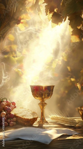 Fototapeta Silver chalice, golden cup, fill with wine from grape, accompanied by bread made from wheat, serve central element of Corpus. Christi communion, reflect tradition of religion, deep spirituality.