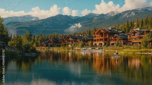 Fototapeta A tranquil lake with a man paddleboarding in the foreground, surrounded by wooden houses and a mountain range in the background.