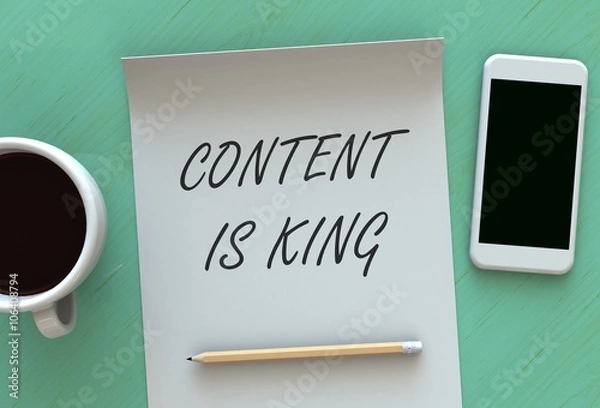 Fototapeta CONTENT IS KING, message on paper, smart phone and coffee on table