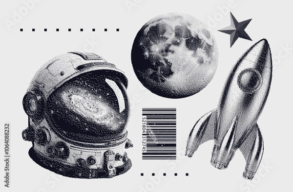 Fototapeta galaxy elements set, retro photocopy stipple effect style, halftone design, astronaut helmet, moon, space rocket 