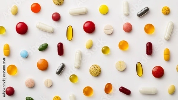 Fototapeta Flat lay of various vitamins and dietary supplement capsules.
