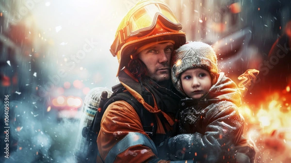 Fototapeta a firefighter carrying a child to safety during a wildfire evacuation, with the background filled with smoke and flames