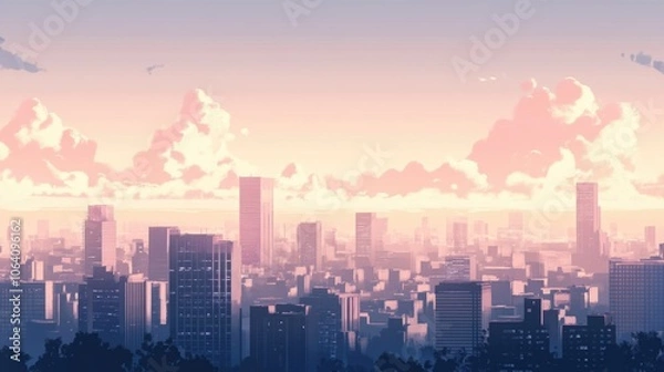 Fototapeta Tranquil sunset over expansive cityscape with modern high-rise buildings