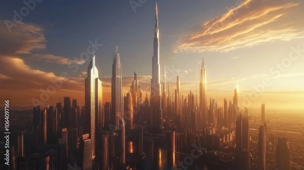 Fototapeta An aerial view of a futuristic city skyline at sunset with tall buildings and a dramatic sky.