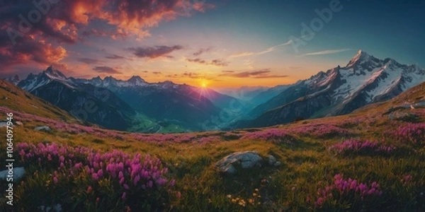 Fototapeta A breathtaking sunset over the mountains with blooming wildflowers in a lush valley during the early evening hours